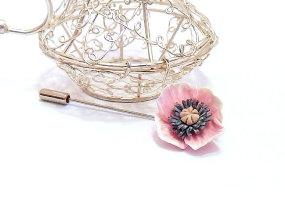 Hochzeit - Pink Poppy Lapel Flower Boutonniere, Mens Lapel pin, Flower Lapel pin stick, Corsage, Wedding Boutonniere, groom boutonniere