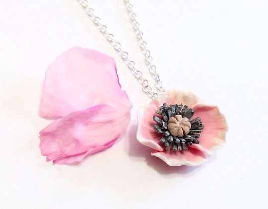 Свадьба - Pink Poppy Necklace - Poppy Pendant,Love Necklace, Bridesmaid Necklace, Flower Girl Jewelry, pink Bridesmaid Jewelry
