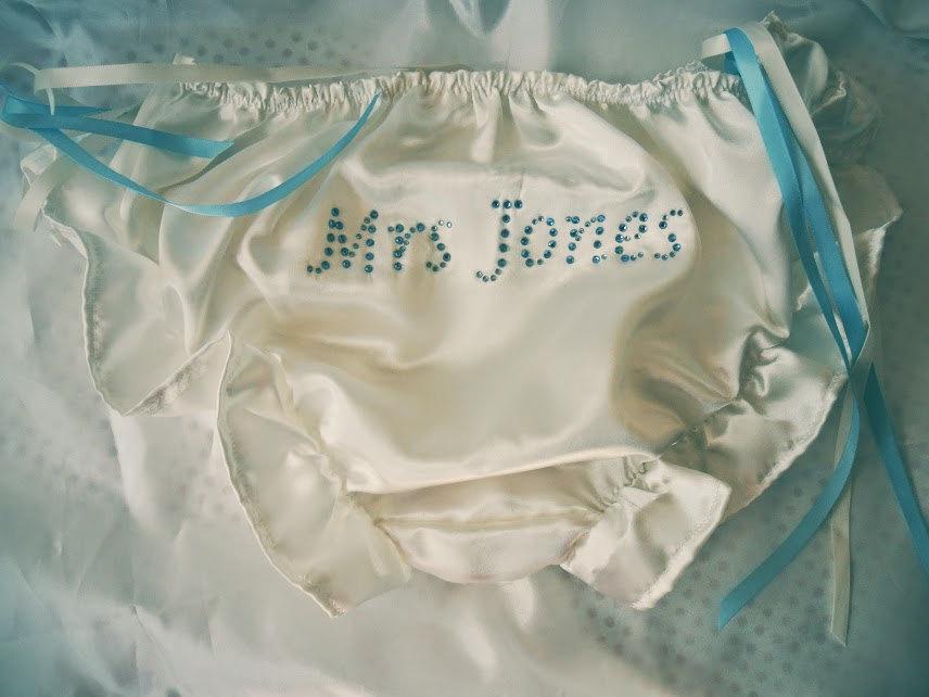 Mariage - Personalised Underwear, Bridal Underwear. Ivory Satin Tie Side Frilly Knickers. Something Blue Diamante Boudoir Lingerie, Honeymoon Lingerie
