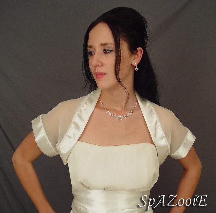 زفاف - Ivory chiffon wedding bolero jacket bridal shrug / satin trim short sleeve
