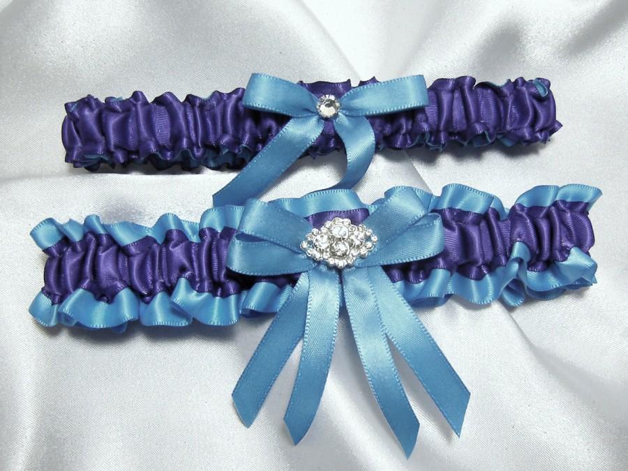 Hochzeit - Malibu Blue and Regency Purple Garter Set w/ Crystal Embellishment