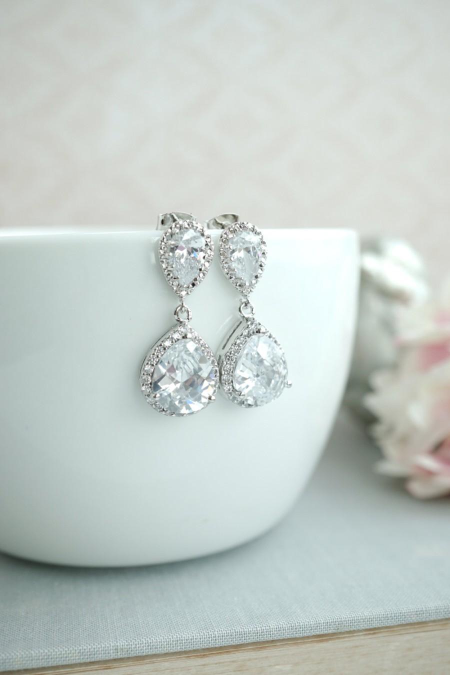 Mariage - Bridal Earrings, Cubic Zirconia Earrings, Rhodium Plated Pear Drop Luster Large Luxe Jewels Earrings. Bridesmaids Jewelry, Bride Earrings
