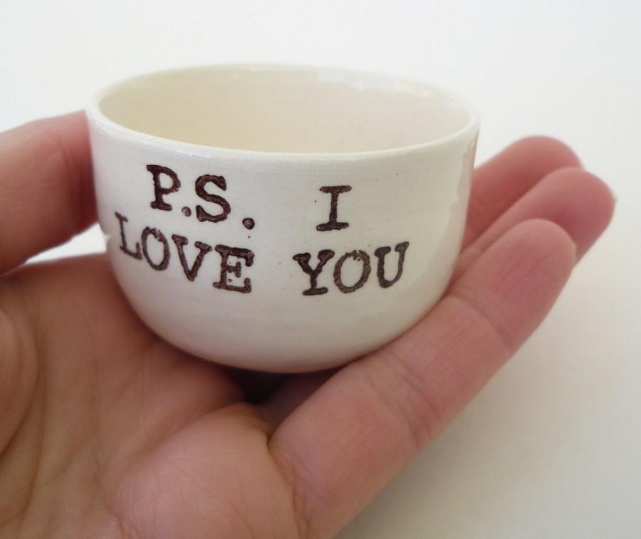 Wedding - Christmas for spouse P.S. I LOVE YOU handmade white ceramic dish ring holder candle holder jewelry dish engagement wedding or valentines day