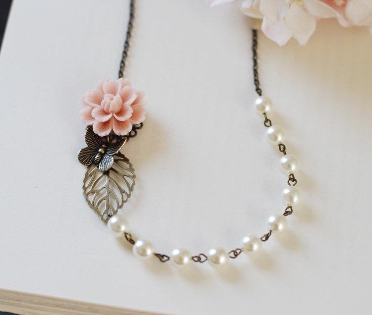 Wedding - Dusky Pink Flower Brass Butterfly Leaf Ivory Cream Pearls Wedding Bridal Necklace. Vintage Nature Inspired wedding jewelry, Bridesmaid Gift