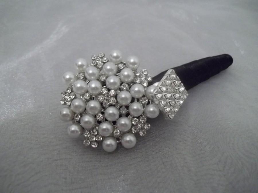 Mariage - Pearl and Rhinestone Brooch Buttonhole. Boutonnière.