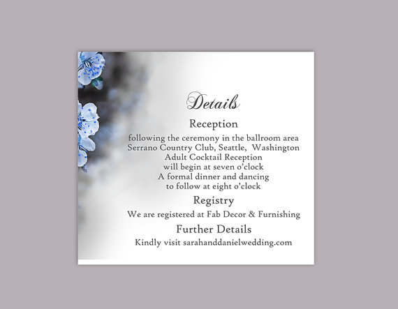 زفاف - DIY Wedding Details Card Template Editable Word File Instant Download Printable Details Card Blue Details Card Floral Enclosure Cards