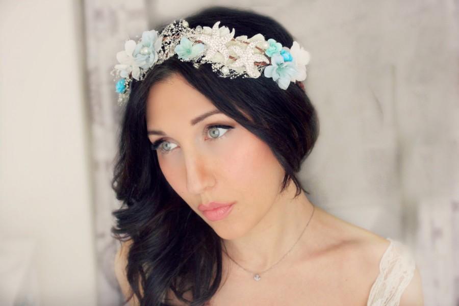 Wedding - bridal headband, bridal headband ,SEA BREEZE Beach, Romantic Flower Crown, Ivory Wedding Flower Headband, hair flower, blue,