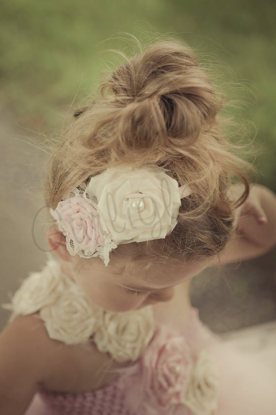 Wedding - Light Pink and Ivory Flower headband, Vintage, Flower girl headband, light pink