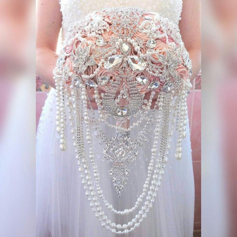 Hochzeit - Brooch bouquet in blush pink and silver jewled + pearls by MemoryWedding
