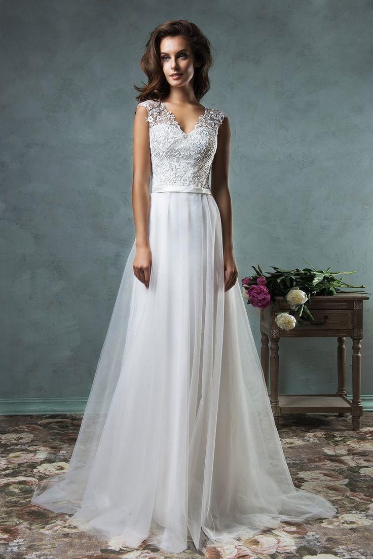 Hochzeit - Beach V-neck See Through Back With Buttons Lace Applique Simple Wedding Dress