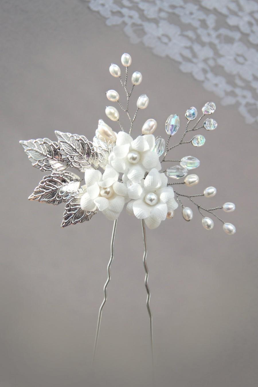 زفاف - silver leaf freshwater pearl and rhinestone bridal hair pin, white flower hair pin, pearl hair pin, gold leaf hair pin, wedding hair pin