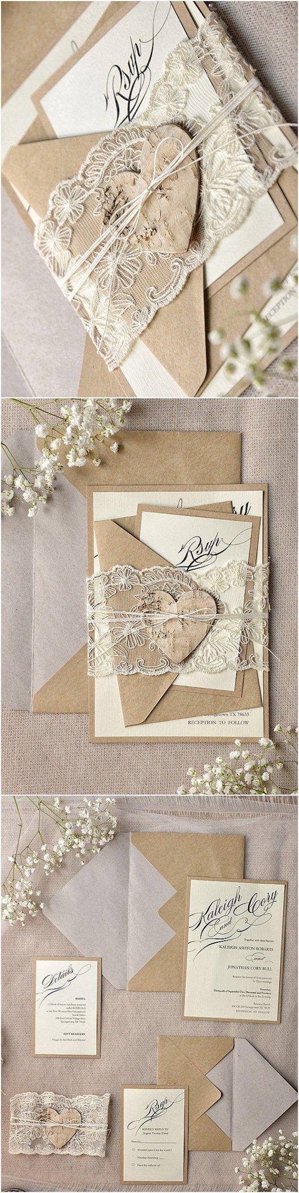 Wedding - Rustic Calligraphy Recycled Lace Wedding Invitation Kits