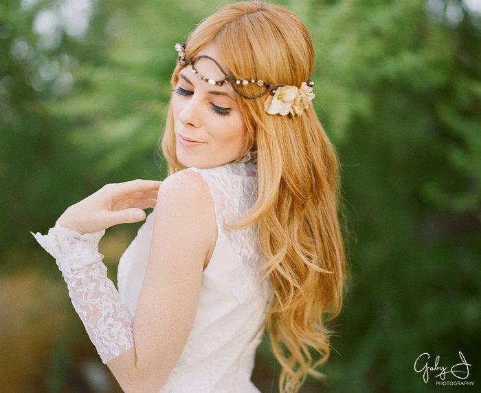 Wedding - Bridal Headpiece with Cream Colored Velvet flowers, gold toned crystal beads and glass pearls with woven faux vine free shipping worldwide