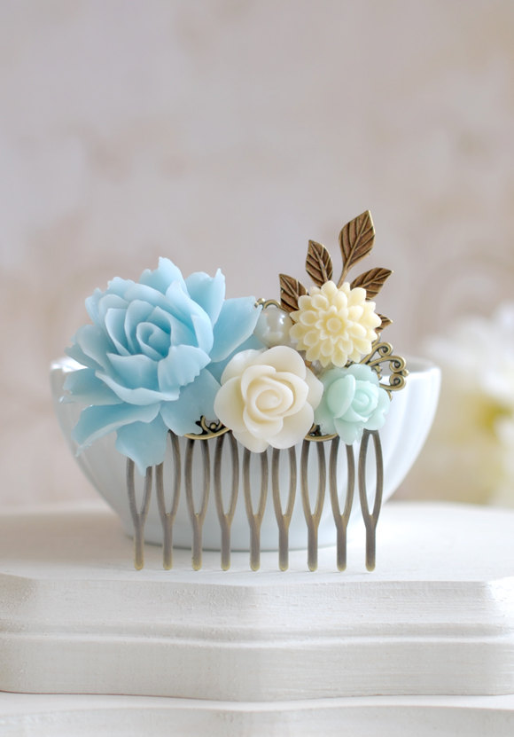 Hochzeit - Aqua Blue Rose White Ivory Flower Brass Leaf Bridal Comb, Something Blue Wedding Hair Accessory, Bridesmaid Gift, Country Wedding