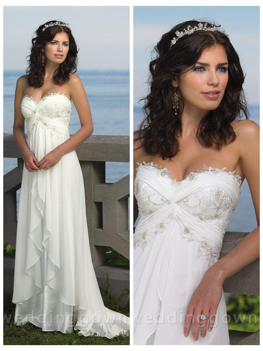 Mariage - Strapless Empire Waist SweetHeart Destination Beach Wedding Dress with Lace Trimmed Sweep Train