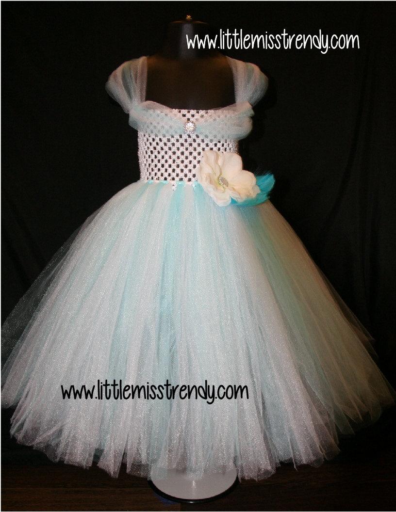 زفاف - Aqua Blue and White Tutu Dress, Tutu Dress, Newborn to 6T Tutu Dress