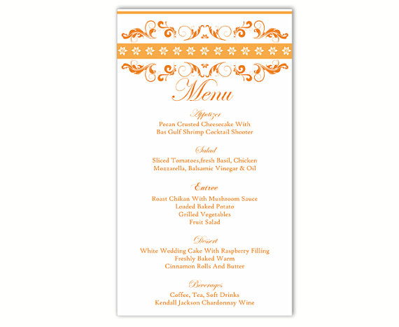 Hochzeit - Wedding Menu Template DIY Menu Card Template Editable Text Word File Instant Download Orange Menu Template Gold Menu Printable Menu 4x7inch