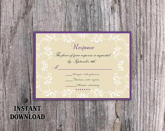 Свадьба - DIY Wedding RSVP Template Editable Word File Instant Download Rsvp Template Printable RSVP Cards Eggplant Purple Rsvp Elegant White Rsvp