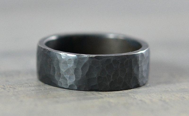 Wedding - Sterling Silver Mens Wedding Bands - Hammered Ring - 7mm Textured and Oxidized Sterling Silver Band - Handmade Wedding Ring for Men