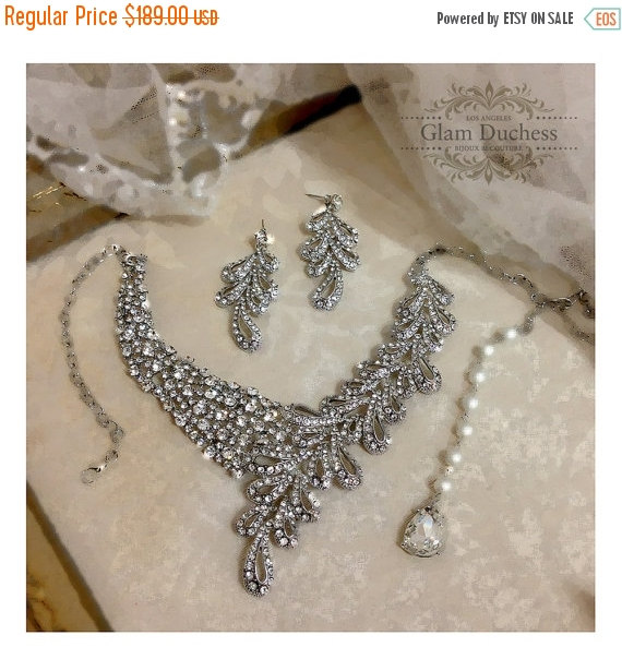 Wedding - Wedding jewelry set, Bridal back drop bib necklace and earrings, vintage inspired crystal pearl necklace statement, crystal jewelry set