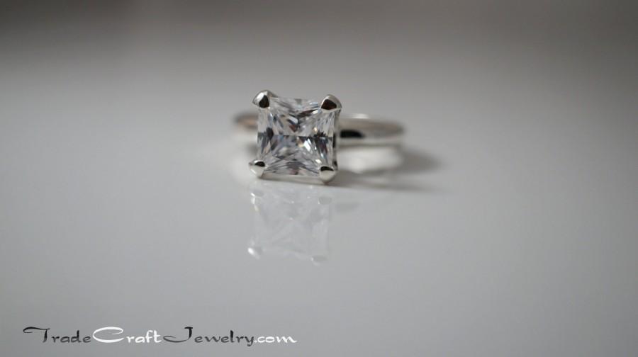 Hochzeit - 3+ Carat Princess Cut Cubic Zirconia Engagement CZ Promise Ring 3, 3.2, 3.67ct Stone Sterling Silver Solitaire Diamond Simulant Sizes 3-9
