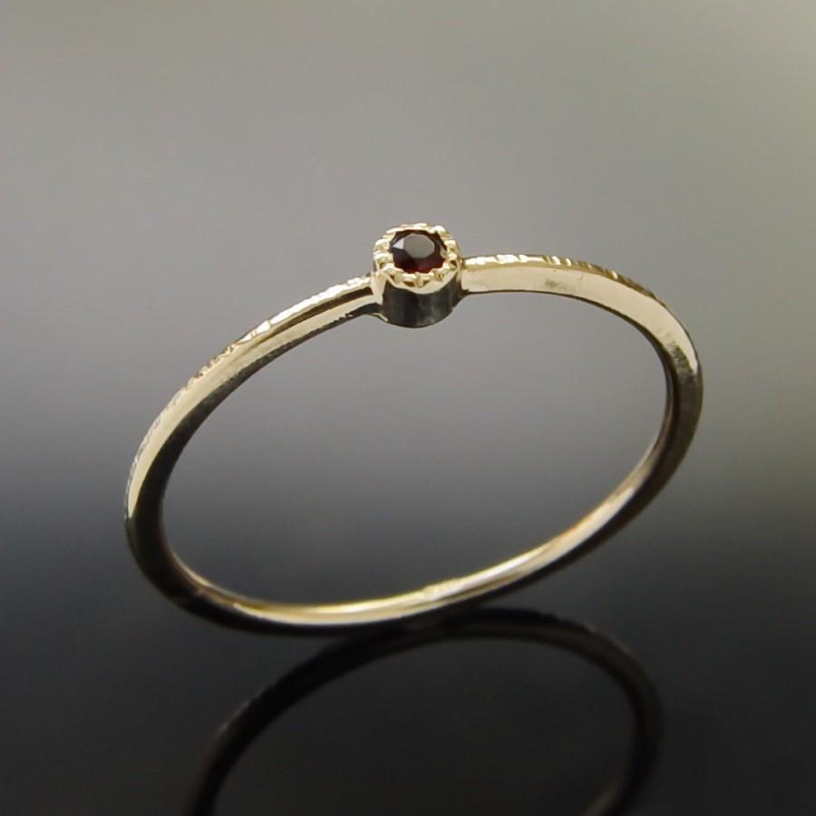 Hochzeit - Classic stacking Garnet Ring, Tiny Garnet Ring, Hammered Engagement Ring, Thin Solitaire Garnet Band, 14K Gold, Round stacking Bridal ring