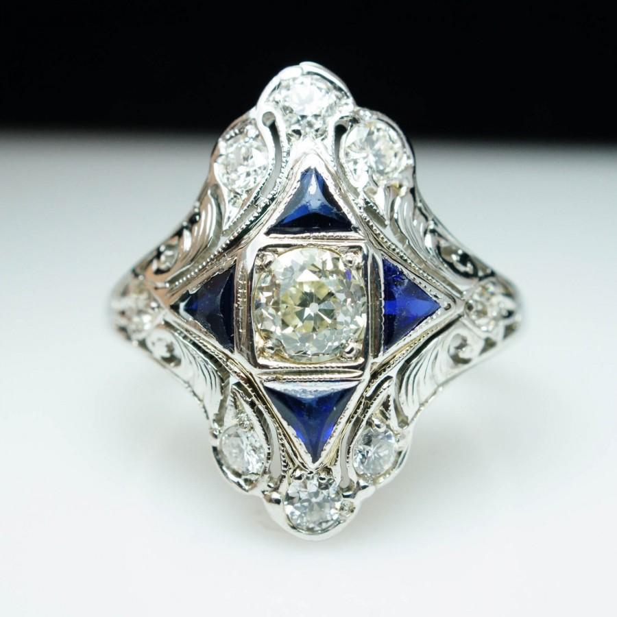 Wedding - Art Deco 14k White Gold Old European Cut Diamond & Sapphire Ring - Size 7- Free Sizing - Cocktail Ring Sapphire Cocktail Band
