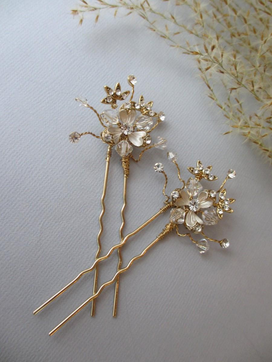Hochzeit - Gold Hair Pin, SOLD INDIVIDUALLY, Autumn Weddings NEW 2016 Gold or Silver, Bridal, Hair Accessories, Elegant Rhinestone Hair Combs