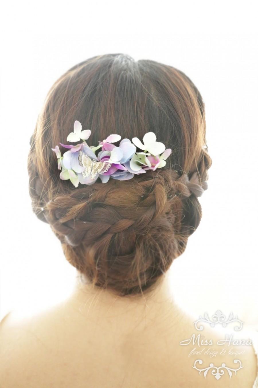 Wedding - Bridal Hair Accessory, purple hydrangea with silver butterfly, Bridal Hair comb hairpiece flower, Rustic Vintage outdoor wedding woodland