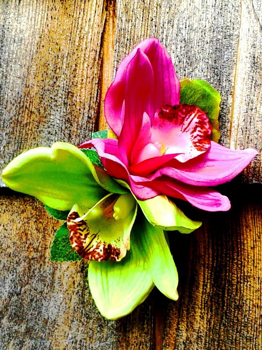 زفاف - TROPICAL HAIR CLIP - Hawaiian Double Orchid, Hair Accessory, Silk Hair flower, Beach Wedding Accessory, Flower Headpiece, Fascinator, Bridal