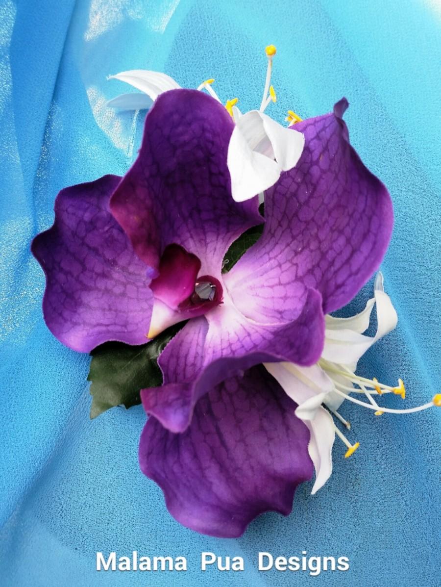 Wedding - TROPICAL HAIR FLOWER, Hair clip, Hawaiian Purple Orchid, Wedding Accessory, Silk Flower, Beach Bride, Fascinator, Headpiece, Bridal Flowers