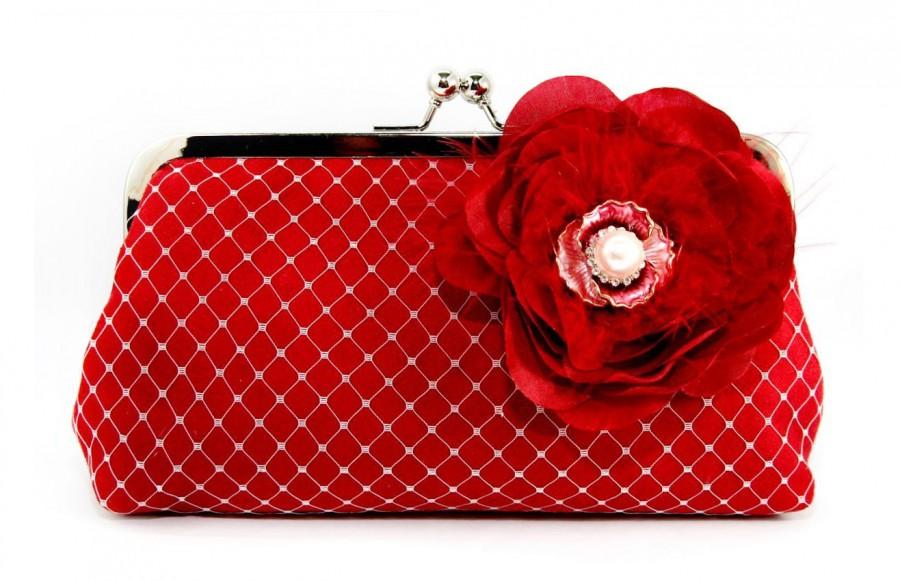 Wedding - Cherry Red Clutch with Deep Red Flower Brooch 8-inch CAMELLIA