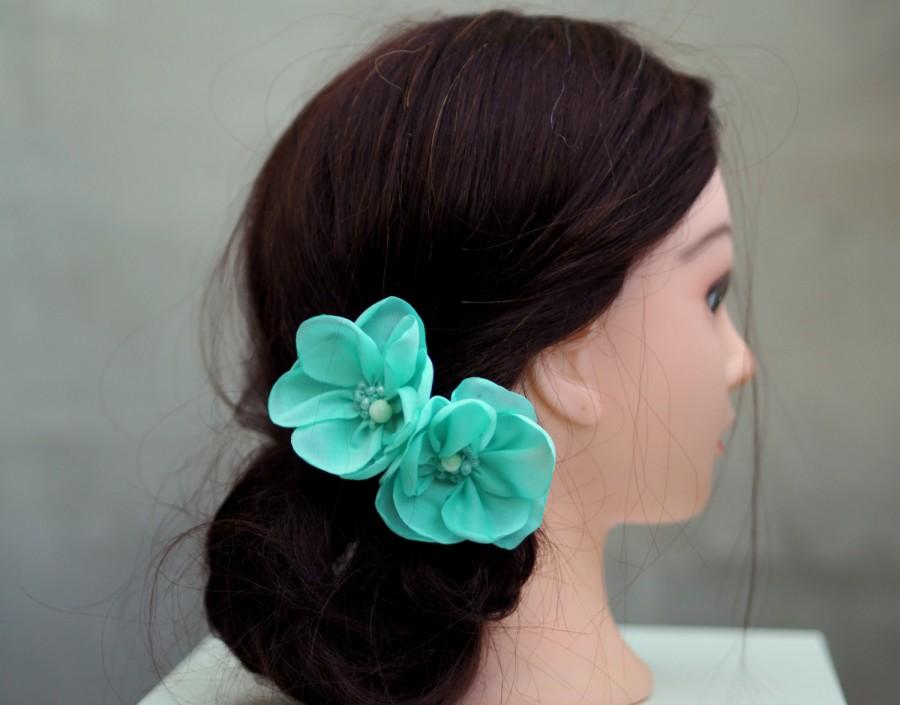 Wedding - Hair Flower Set, Mint Hair Pins, Floral Bobby Pin, Bridesmaid Hair Pins, Mint Bobby Pins, Aquamarine Hair Accessory