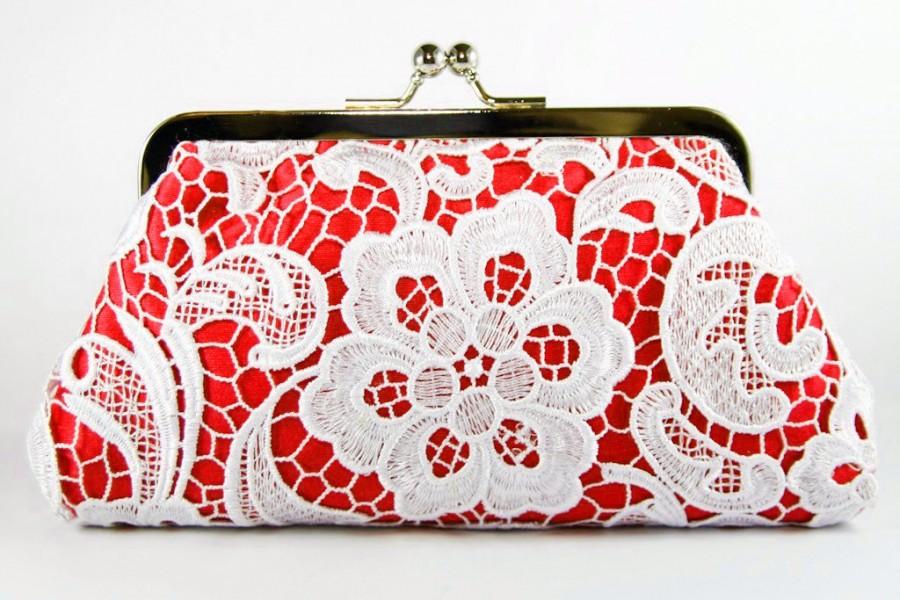 Wedding - Bridal White Lace Red Clutch - 8-inch L'HERITAGE