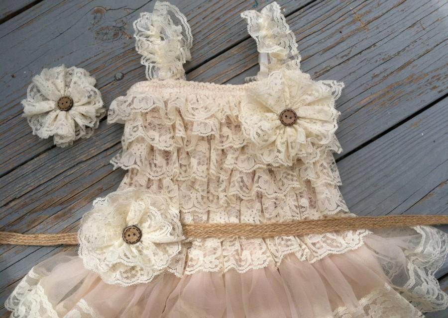 Mariage - Rustic Lace Flower Girl DressWheat Cream Flower Girl/Country Wedding-Belt And Headflower Set -Champagne Flower Girl