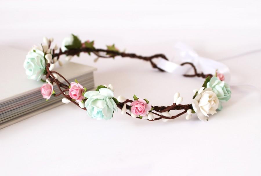 Mariage - Mint and pink rose floral crown, wedding headdress, flower girl flower crown, boho wedding headwear, floral head wreath