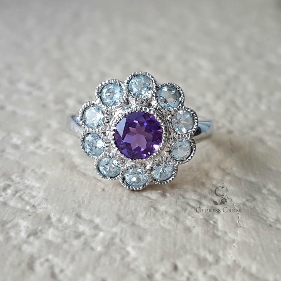 Hochzeit - Vintage Amethyst and Aquamarine Daisy Flower Cluster Halo Ring in White Gold Size 8