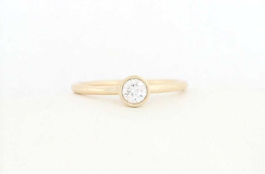 زفاف - Conflict Free Round Brilliant Cut Diamond Engagement Ring, Yellow Solid Gold Thin Dainty Engagement Ring, Stacking Diamond Ring