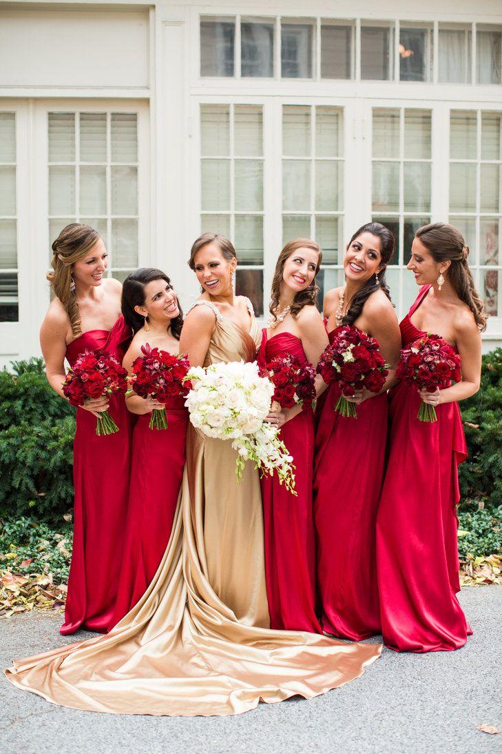 Свадьба - Bridesmaids In Floor Length Red Dresses