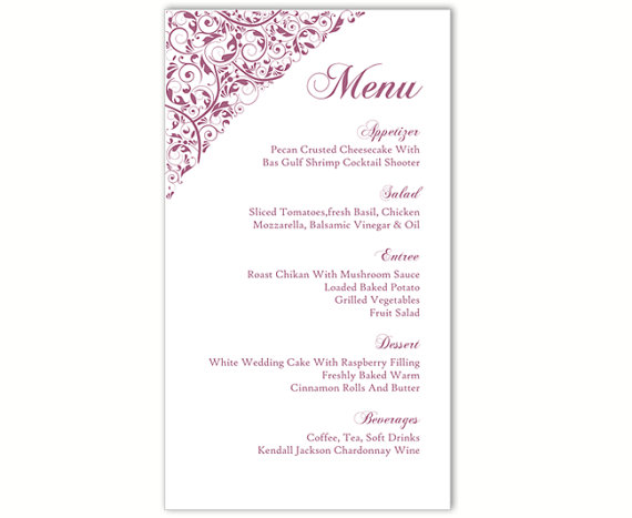 Свадьба - Wedding Menu Template DIY Menu Card Template Editable Text Word File Instant Download Eggplant Menu Card Floral Menu Printable Menu 4x7inch