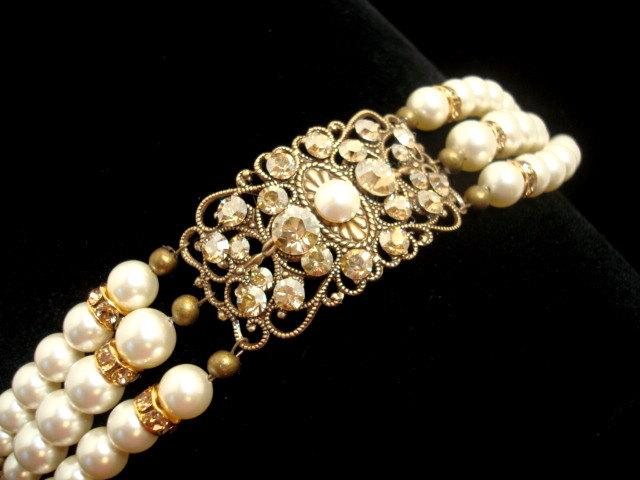زفاف - Vintage style bracelet, Crystal Bridal bracelet, Pearl Wedding bracelet, Antique gold bracelet, Swarovski crystals bracelet, Bridal jewelry