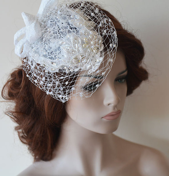 زفاف - Bridal Birdcage Veil, White Fascinator, Crystals Pearls Lace Birdcage, Bandeau Birdcage Veil, Wedding Accessory, Bridal Hair Accessories