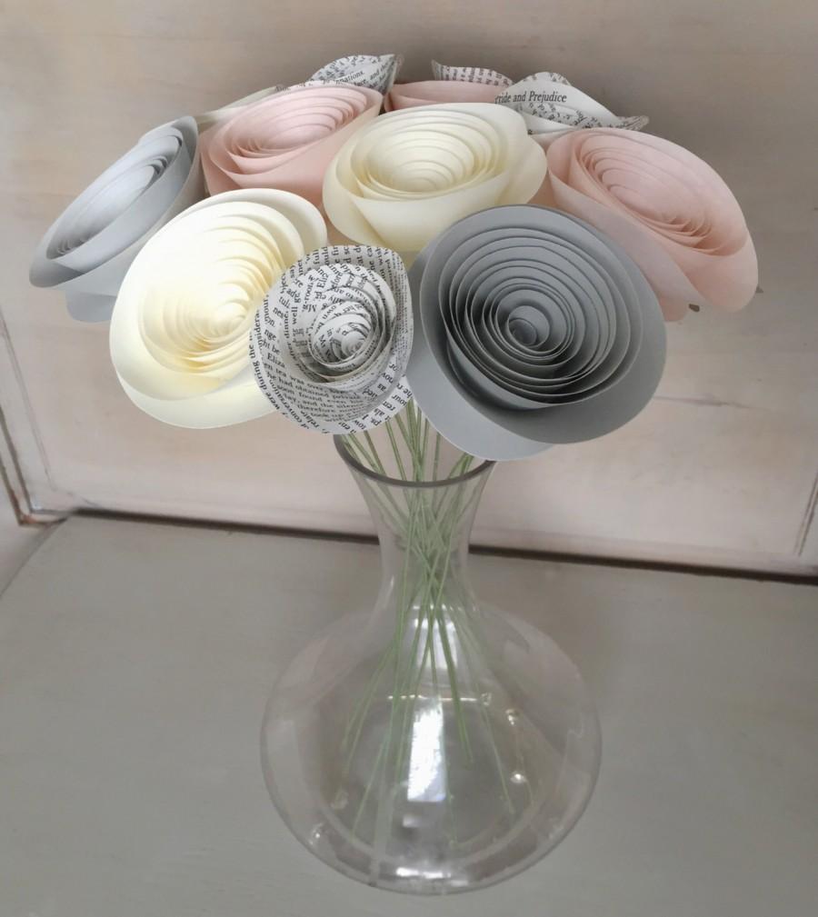 زفاف - Paper Flowers Stemmed - Blush Pink - Cream - Gold - Light Gray - Pride and Prejudice Book Page - Wedding - Bridal Bouquet - Centerpieces