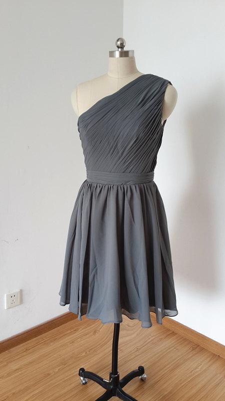 زفاف - 2015 One-shoulder Charcoal Grey Chiffon Short Bridesmaid Dress