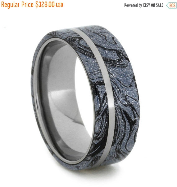 Свадьба - Wedding Sale Cobaltium Mokume Gane Ring With Titanium Sleeve, Black and Blue Wedding Band, Commitment Ring