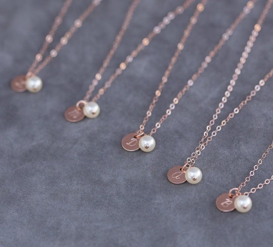 Wedding - Rose Gold Bridesmaid Necklace, Set of 5, Pearl and Initial Bridesmaid Jewelry, Handstamped Rose Gold Jewelry Gift for Bridesmaids