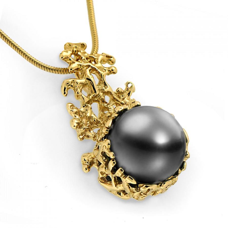 Mariage - CORAL 14K Gold Black Tahitian Pearl Pendant Necklace, Gold Pearl Necklace Wedding, Black Pearl Pendant, Tahitian Pearl Necklace