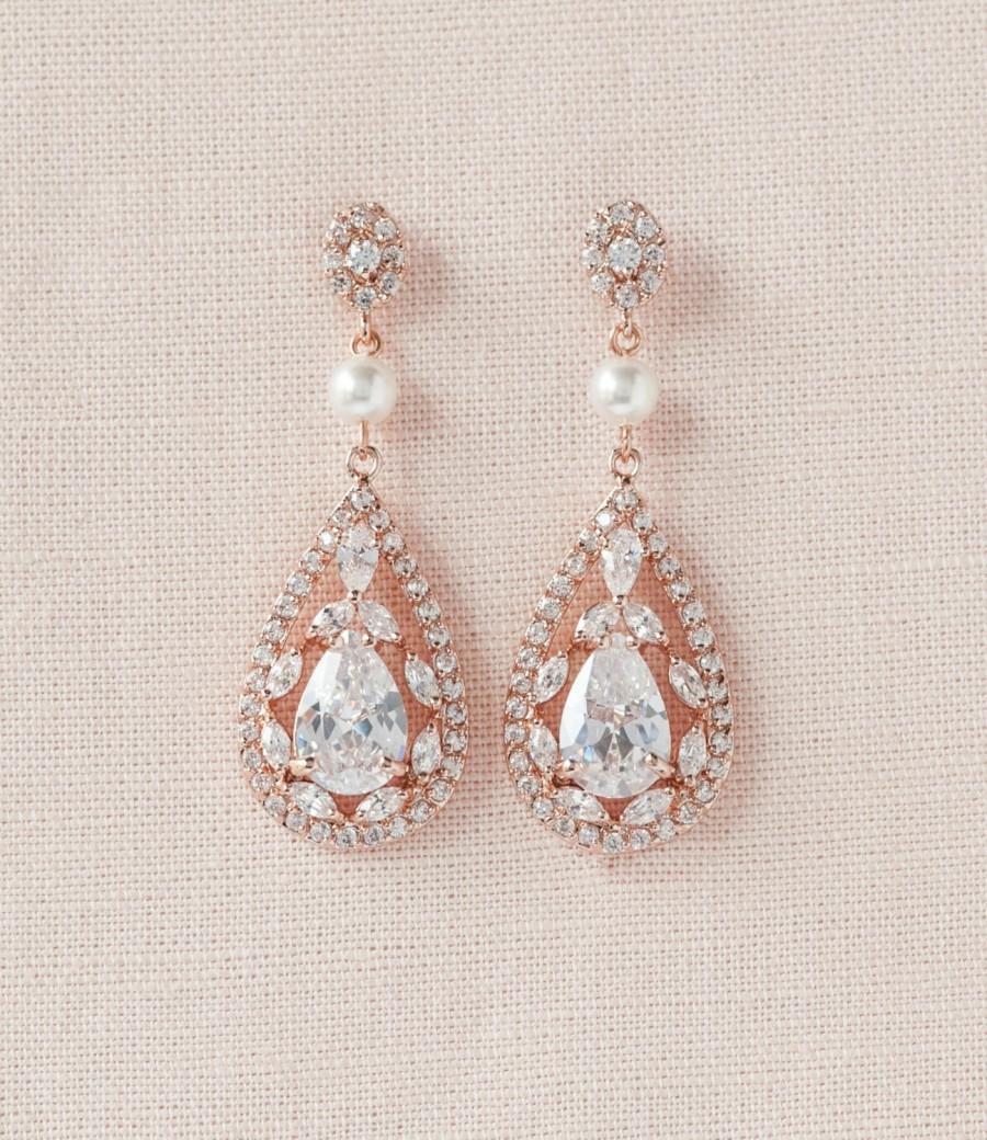 زفاف - Rose Gold Earrings, Crystal Wedding earrings, Bridal Jewelry, Long Crystal Wedding Earrings, Swarovski, Adison Bridal Earrings
