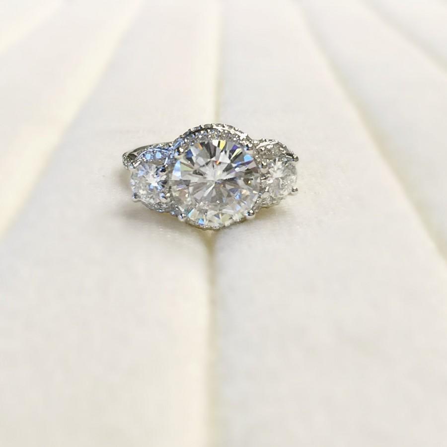 Mariage - Francesca Charles and Colvard Forever Brilliant Moissanite 3 Stone Triple Halo Diamond Accent Ring