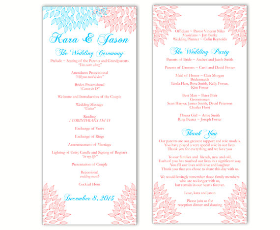 Mariage - Wedding Program Template DIY Editable Word File Instant Download Program Blue Pink Wedding Program Floral Program Printable Program 4x9.25